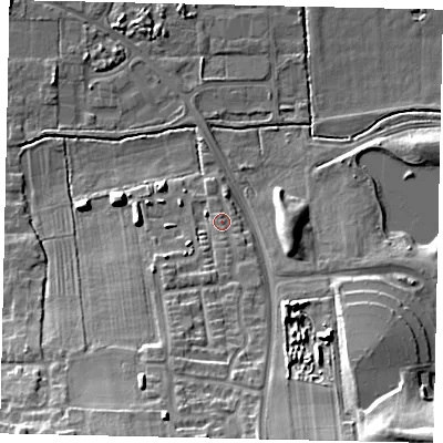 Shaded relief map of the ground around DN185GB, computed from Environment Agency LiDAR. The ground here sits at about 6 m above sea level and falls 22 m across the surrounding 800 m. Surface water reaching this point runs off ground lying to the south, 11.8 m higher.