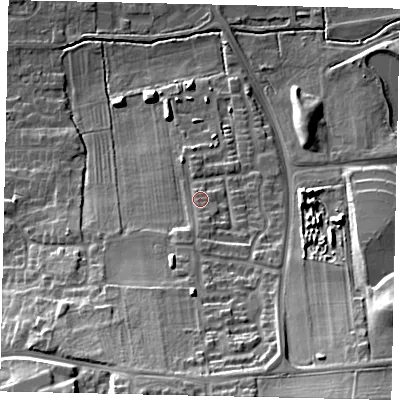 Shaded relief map of the ground around DN185GR, computed from Environment Agency LiDAR. The ground here sits at about 10 m above sea level and falls 24 m across the surrounding 800 m. Surface water reaching this point runs off ground lying to the south, 8.0 m higher.
