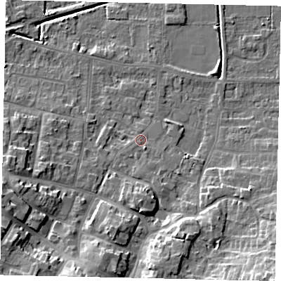 Shaded relief map of the ground around DN185HB, computed from Environment Agency LiDAR. The ground here sits at about 5 m above sea level and falls 15 m across the surrounding 800 m. Surface water reaching this point runs off ground lying to the south-south-east, 1.8 m higher.
