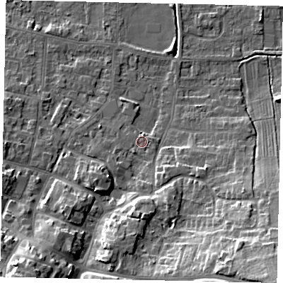 Shaded relief map of the ground around DN185HD, computed from Environment Agency LiDAR. The ground here sits at about 5 m above sea level and falls 18 m across the surrounding 800 m. Surface water reaching this point runs off ground lying to the south-west, 11.3 m higher.