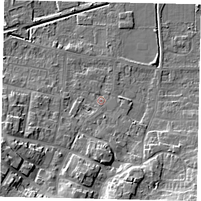 Shaded relief map of the ground around DN185HF, computed from Environment Agency LiDAR. The ground here sits at about 5 m above sea level and falls 12 m across the surrounding 800 m. Surface water reaching this point runs off ground lying to the west-south-west, 9.6 m higher.