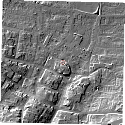 Shaded relief map of the ground around DN185HG, computed from Environment Agency LiDAR. The ground here sits at about 7 m above sea level and falls 19 m across the surrounding 800 m. Surface water reaching this point runs off ground lying to the south, 3.4 m higher.