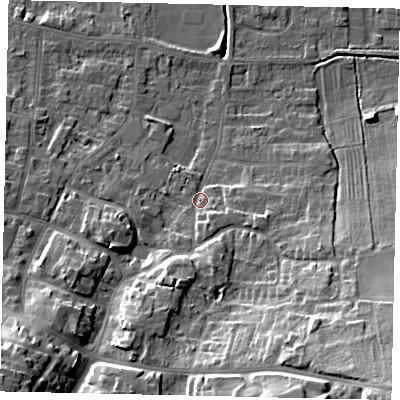 Shaded relief map of the ground around DN185HN, computed from Environment Agency LiDAR. The ground here sits at about 6 m above sea level and falls 21 m across the surrounding 800 m. Surface water reaching this point runs off ground lying to the south-east, 17.1 m higher.
