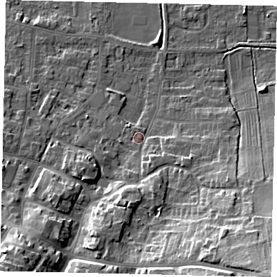 Shaded relief map of the ground around DN185HP, computed from Environment Agency LiDAR. The ground here sits at about 6 m above sea level and falls 20 m across the surrounding 800 m. Surface water reaching this point runs off ground lying to the south-east, 17.1 m higher.