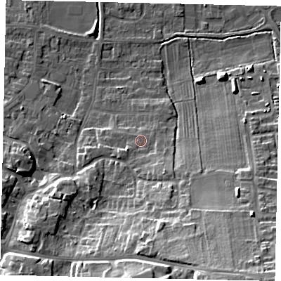 Shaded relief map of the ground around DN185HR, computed from Environment Agency LiDAR. The ground here sits at about 7 m above sea level and falls 21 m across the surrounding 800 m. Surface water reaching this point runs off ground lying to the south-east, 3.7 m higher.