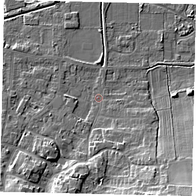 Shaded relief map of the ground around DN185HS, computed from Environment Agency LiDAR. The ground here sits at about 4 m above sea level and falls 15 m across the surrounding 800 m. Surface water reaching this point runs off ground lying to the south-east, 12.1 m higher.