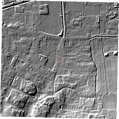 Shaded relief map of the ground around DN185HT, computed from Environment Agency LiDAR. The ground here sits at about 4 m above sea level and falls 15 m across the surrounding 800 m. Surface water reaching this point runs off ground lying to the south-east, 13.0 m higher.