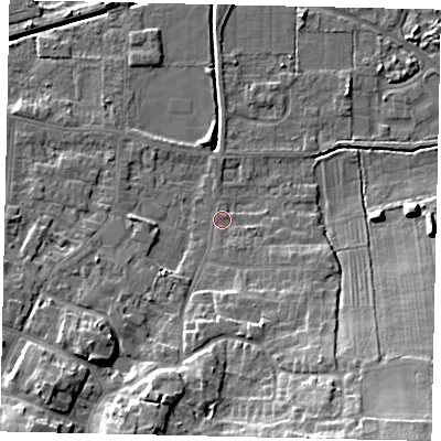 Shaded relief map of the ground around DN185HU, computed from Environment Agency LiDAR. The ground here sits at about 4 m above sea level and falls 15 m across the surrounding 800 m. Surface water reaching this point runs off ground lying to the south-south-east, 11.7 m higher.