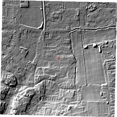 Shaded relief map of the ground around DN185HW, computed from Environment Agency LiDAR. The ground here sits at about 5 m above sea level and falls 17 m across the surrounding 800 m. Surface water reaching this point runs off ground lying to the south-south-east, 5.6 m higher.