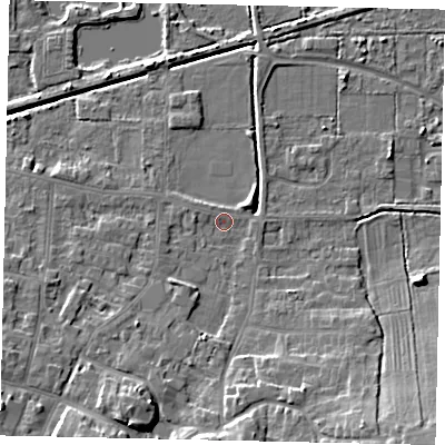 Shaded relief map of the ground around DN185JA, computed from Environment Agency LiDAR. The ground here sits at about 4 m above sea level and falls 10 m across the surrounding 800 m. Surface water reaching this point runs off ground lying to the south, 6.4 m higher.