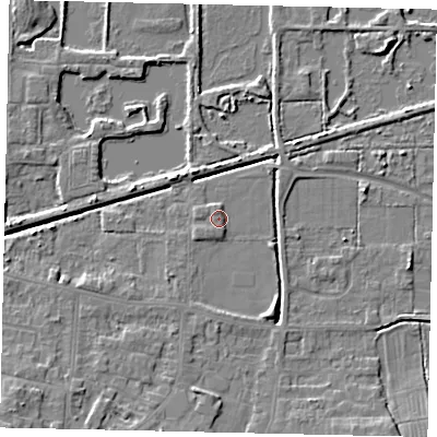 Shaded relief map of the ground around DN185JB, computed from Environment Agency LiDAR. The ground here sits at about 4 m above sea level and falls 6 m across the surrounding 800 m. Surface water reaching this point runs off ground lying to the south-south-east, 3.5 m higher.
