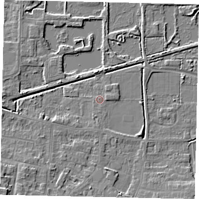 Shaded relief map of the ground around DN185JD, computed from Environment Agency LiDAR. The ground here sits at about 4 m above sea level and falls 8 m across the surrounding 800 m. Surface water reaching this point runs off ground lying to the south, 3.9 m higher.