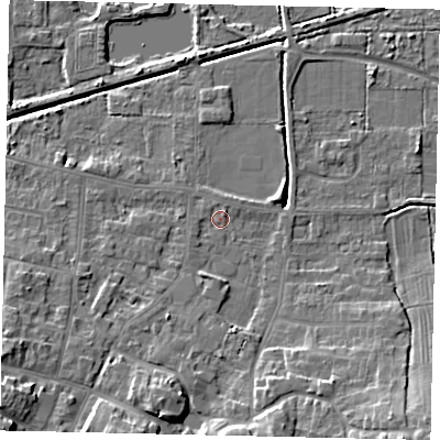 Shaded relief map of the ground around DN185JE, computed from Environment Agency LiDAR. The ground here sits at about 4 m above sea level and falls 10 m across the surrounding 800 m. Surface water reaching this point runs off ground lying to the south, 6.8 m higher.
