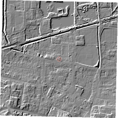 Shaded relief map of the ground around DN185JF, computed from Environment Agency LiDAR. The ground here sits at about 4 m above sea level and falls 12 m across the surrounding 800 m. Surface water reaching this point runs off ground lying to the south, 6.3 m higher.