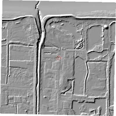 Shaded relief map of the ground around DN185JP, computed from Environment Agency LiDAR. The ground here sits at about 3 m above sea level and falls 9 m across the surrounding 800 m. Surface water reaching this point runs off ground lying to the north-west, 4.2 m higher.