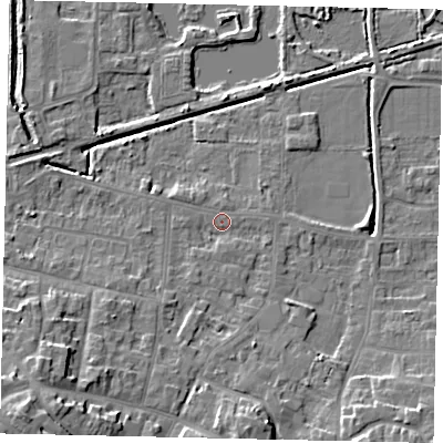Shaded relief map of the ground around DN185JQ, computed from Environment Agency LiDAR. The ground here sits at about 4 m above sea level and falls 12 m across the surrounding 800 m. Surface water reaching this point runs off ground lying to the south-west, 10.5 m higher.