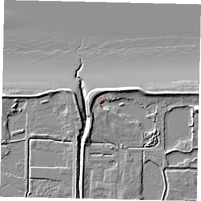 Shaded relief map of the ground around DN185JR, computed from Environment Agency LiDAR. The ground here sits at about 4 m above sea level and falls 9 m across the surrounding 800 m. Surface water reaching this point runs off ground lying to the north-north-east, 4.2 m higher.