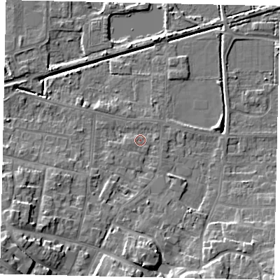 Shaded relief map of the ground around DN185JS, computed from Environment Agency LiDAR. The ground here sits at about 4 m above sea level and falls 12 m across the surrounding 800 m. Surface water reaching this point runs off ground lying to the south-west, 10.2 m higher.
