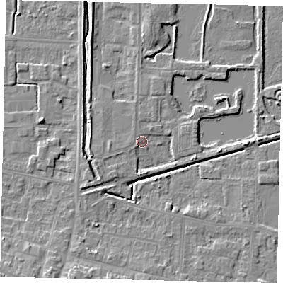 Shaded relief map of the ground around DN185JT, computed from Environment Agency LiDAR. The ground here sits at about 4 m above sea level and falls 8 m across the surrounding 800 m. Surface water reaching this point runs off ground lying to the west-south-west, 3.4 m higher.