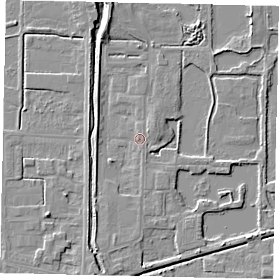 Shaded relief map of the ground around DN185JW, computed from Environment Agency LiDAR. The ground here sits at about 4 m above sea level and falls 6 m across the surrounding 800 m. Surface water reaching this point runs off ground lying to the south-south-west, 3.6 m higher.