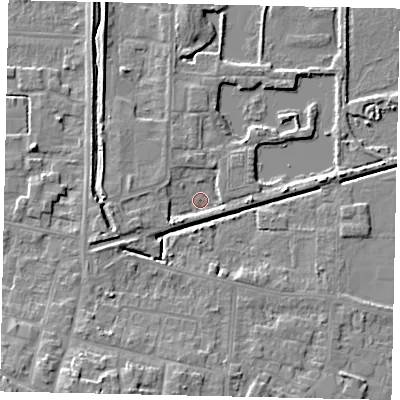 Shaded relief map of the ground around DN185JX, computed from Environment Agency LiDAR. The ground here sits at about 3 m above sea level and falls 9 m across the surrounding 800 m. Surface water reaching this point runs off ground lying to the east, 2.9 m higher.