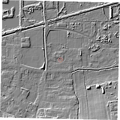 Shaded relief map of the ground around DN185LB, computed from Environment Agency LiDAR. The ground here sits at about 3 m above sea level and falls 9 m across the surrounding 800 m. Surface water reaching this point runs off ground lying to the south-west, 1.0 m higher.