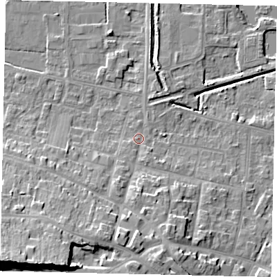 Shaded relief map of the ground around DN185QD, computed from Environment Agency LiDAR. The ground here sits at about 5 m above sea level and falls 21 m across the surrounding 800 m. Surface water reaching this point runs off ground lying to the south-south-west, 15.6 m higher.