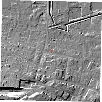 Shaded relief map of the ground around DN185QF, computed from Environment Agency LiDAR. The ground here sits at about 6 m above sea level and falls 25 m across the surrounding 800 m. Surface water reaching this point runs off ground lying to the south, 2.3 m higher.