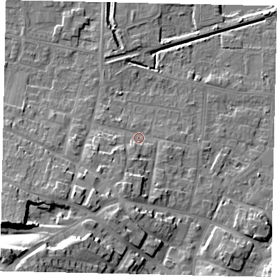 Shaded relief map of the ground around DN185QG, computed from Environment Agency LiDAR. The ground here sits at about 6 m above sea level and falls 23 m across the surrounding 800 m. Surface water reaching this point runs off ground lying to the south-south-west, 5.8 m higher.