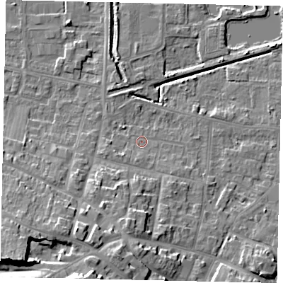 Shaded relief map of the ground around DN185QH, computed from Environment Agency LiDAR. The ground here sits at about 4 m above sea level and falls 19 m across the surrounding 800 m. Surface water reaching this point runs off ground lying to the west-south-west, 2.0 m higher.