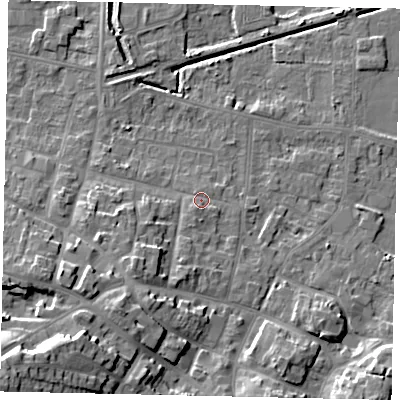 Shaded relief map of the ground around DN185QJ, computed from Environment Agency LiDAR. The ground here sits at about 6 m above sea level and falls 20 m across the surrounding 800 m. Surface water reaching this point runs off ground lying to the south-south-west, 1.6 m higher.