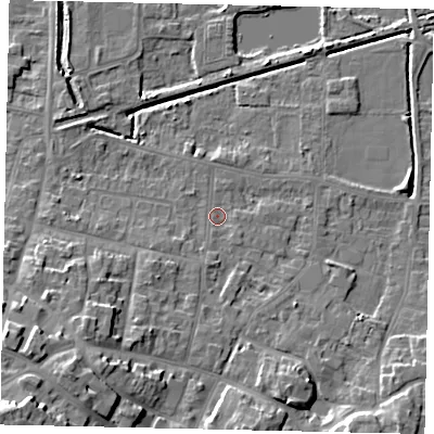 Shaded relief map of the ground around DN185QN, computed from Environment Agency LiDAR. The ground here sits at about 4 m above sea level and falls 16 m across the surrounding 800 m. Surface water reaching this point runs off ground lying to the south, 1.8 m higher.