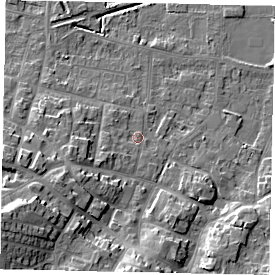 Shaded relief map of the ground around DN185QP, computed from Environment Agency LiDAR. The ground here sits at about 6 m above sea level and falls 18 m across the surrounding 800 m. Surface water reaching this point runs off ground lying to the west-south-west, 2.6 m higher.