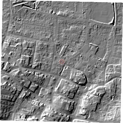 Shaded relief map of the ground around DN185QR, computed from Environment Agency LiDAR. The ground here sits at about 6 m above sea level and falls 16 m across the surrounding 800 m. Surface water reaching this point runs off ground lying to the south-west, 0.9 m higher.