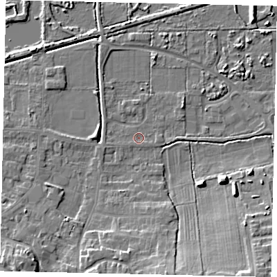 Shaded relief map of the ground around DN185RA, computed from Environment Agency LiDAR. The ground here sits at about 3 m above sea level and falls 10 m across the surrounding 800 m. Surface water reaching this point runs off ground lying to the east, 0.6 m higher.