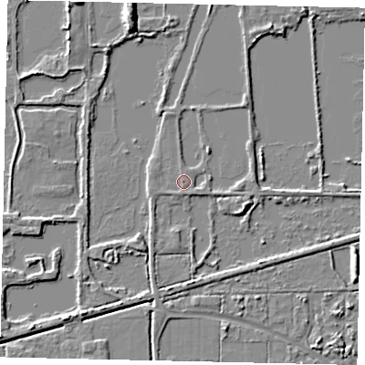 Shaded relief map of the ground around DN185RB, computed from Environment Agency LiDAR. The ground here sits at about 4 m above sea level and falls 6 m across the surrounding 800 m. Surface water reaching this point runs off ground lying to the south-west, 0.6 m higher.