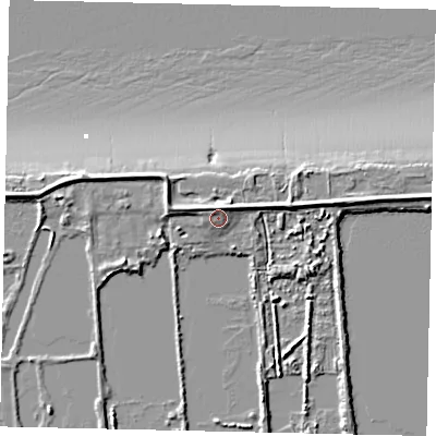 Shaded relief map of the ground around DN185RD, computed from Environment Agency LiDAR. The ground here sits at about 5 m above sea level and falls 9 m across the surrounding 800 m. Surface water reaching this point runs off ground lying to the north-north-west, 2.4 m higher.
