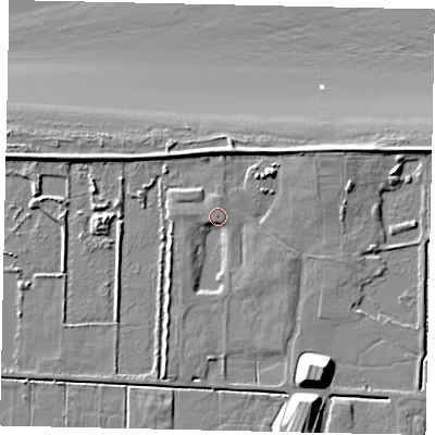 Shaded relief map of the ground around DN185RF, computed from Environment Agency LiDAR. The ground here sits at about 4 m above sea level and falls 15 m across the surrounding 800 m. Surface water reaching this point runs off ground lying to the west, 2.2 m higher.