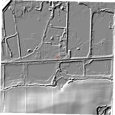 Shaded relief map of the ground around DN185RG, computed from Environment Agency LiDAR. The ground here sits at about 3 m above sea level and falls 19 m across the surrounding 800 m. Surface water reaching this point runs off ground lying to the south-east, 1.7 m higher.