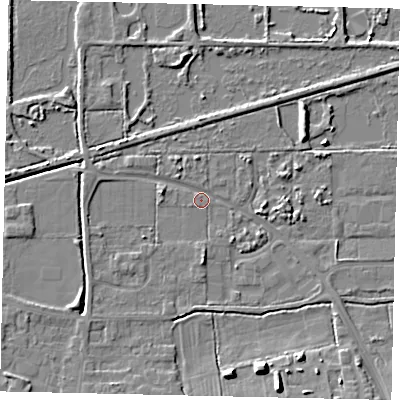 Shaded relief map of the ground around DN185RL, computed from Environment Agency LiDAR. The ground here sits at about 3 m above sea level and falls 10 m across the surrounding 800 m. Surface water reaching this point runs off ground lying to the south-south-east, 8.7 m higher.