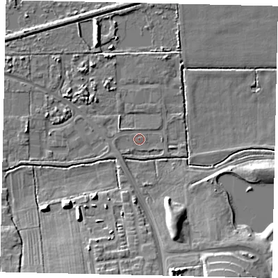 Shaded relief map of the ground around DN185RN, computed from Environment Agency LiDAR. The ground here sits at about 4 m above sea level and falls 11 m across the surrounding 800 m. Surface water reaching this point runs off ground lying to the south-west, 1.0 m higher.