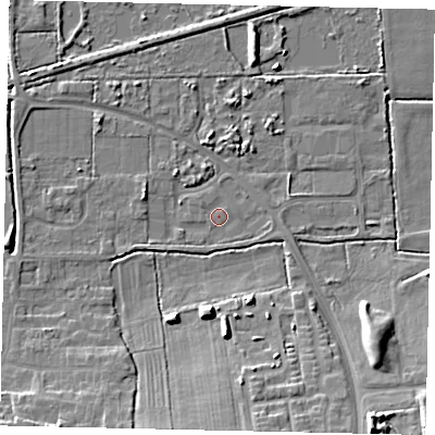 Shaded relief map of the ground around DN185RP, computed from Environment Agency LiDAR. The ground here sits at about 3 m above sea level and falls 11 m across the surrounding 800 m. Surface water reaching this point runs off ground lying to the south-east, 10.3 m higher.