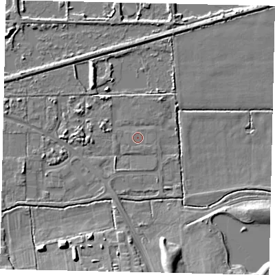 Shaded relief map of the ground around DN185RS, computed from Environment Agency LiDAR. The ground here sits at about 3 m above sea level and falls 10 m across the surrounding 800 m. The ground contributing surface water to this point lies to the south-east.