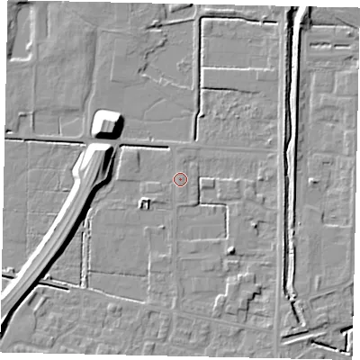 Shaded relief map of the ground around DN185RU, computed from Environment Agency LiDAR. The ground here sits at about 4 m above sea level and falls 11 m across the surrounding 800 m. Surface water reaching this point runs off ground lying to the south-south-east, 0.8 m higher.