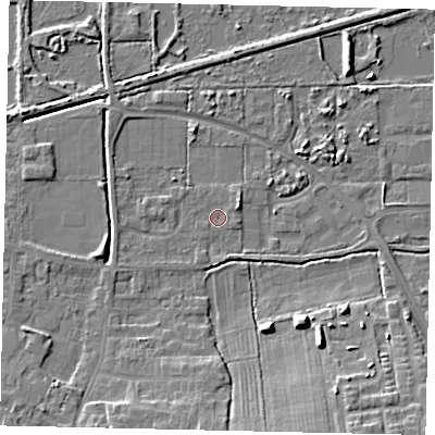 Shaded relief map of the ground around DN185RY, computed from Environment Agency LiDAR. The ground here sits at about 3 m above sea level and falls 9 m across the surrounding 800 m. Surface water reaching this point runs off ground lying to the east-north-east, 1.7 m higher.