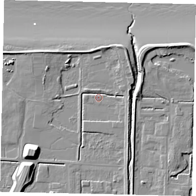 Shaded relief map of the ground around DN185RZ, computed from Environment Agency LiDAR. The ground here sits at about 3 m above sea level and falls 15 m across the surrounding 800 m. Surface water reaching this point runs off ground lying to the south-west, 10.7 m higher.
