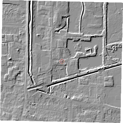 Shaded relief map of the ground around DN185SA, computed from Environment Agency LiDAR. The ground here sits at about 4 m above sea level and falls 6 m across the surrounding 800 m. Surface water reaching this point runs off ground lying to the west-south-west, 3.4 m higher.