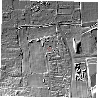 Shaded relief map of the ground around DN185SD, computed from Environment Agency LiDAR. The ground here sits at about 6 m above sea level and falls 20 m across the surrounding 800 m. Surface water reaching this point runs off ground lying to the south, 3.0 m higher.
