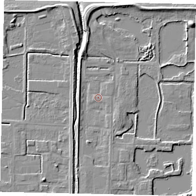 Shaded relief map of the ground around DN185TR, computed from Environment Agency LiDAR. The ground here sits at about 3 m above sea level and falls 7 m across the surrounding 800 m. Surface water reaching this point runs off ground lying to the south-south-west, 3.2 m higher.