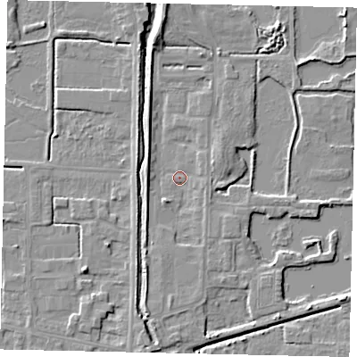 Shaded relief map of the ground around DN185TW, computed from Environment Agency LiDAR. The ground here sits at about 3 m above sea level and falls 6 m across the surrounding 800 m. Surface water reaching this point runs off ground lying to the south-south-west, 3.6 m higher.